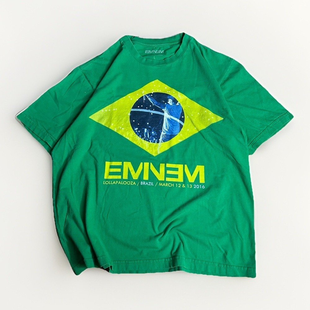 Eminem Lollapalooza T-Shirt Large Green 2016 Brazil Rap Hip Hop Festival RARE